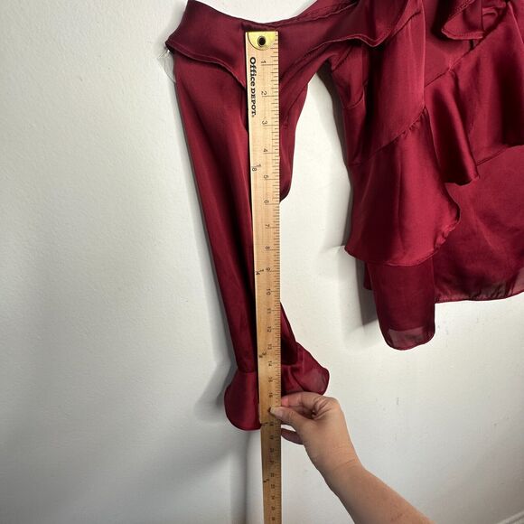 Revolve Lovers + Friends Deep Red Ruffled Flowy One-Sleeve Shoulder Blouse L - Picture 6 of 11